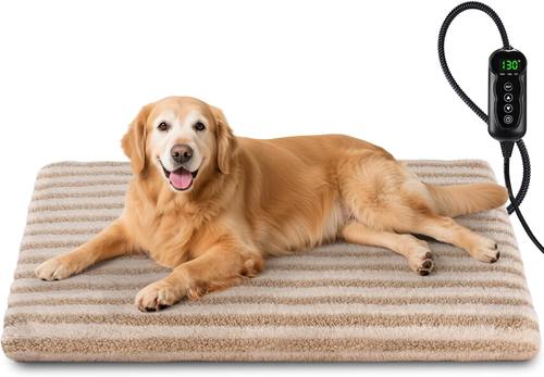 Large Pet Heating Pad, Waterproof Heated Dog Cat Bed with 11 Adjustable Temperatures & 24H Timer, Auto Shut-Off, Chew-Resistant Cord, Washable Cover, Indoor Electric Heating Mat, Beige, L(35" x 24")