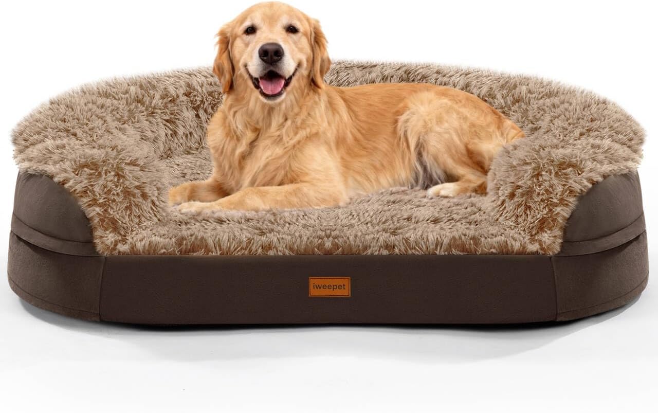 iweepet Fluffy Orthopedic Dog Beds for Large & Extra Large Dogs, 44" Dog Sofa Bed with Supportive 28D Egg-Crate Foam, Removable Washable Cover, Waterproof Lining, for Puppy,Senior,Sick,Brown