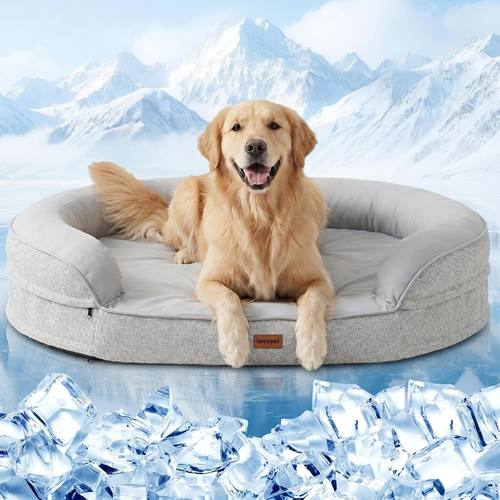 iweepet Cooling Orthopedic Dog Beds for Large & Extra Large Dogs,Summer Dog Sofa Bed with Supportive 28D Egg-Crate Foam, Removable Washable Cover, Waterproof Lining, 44’’,Grey